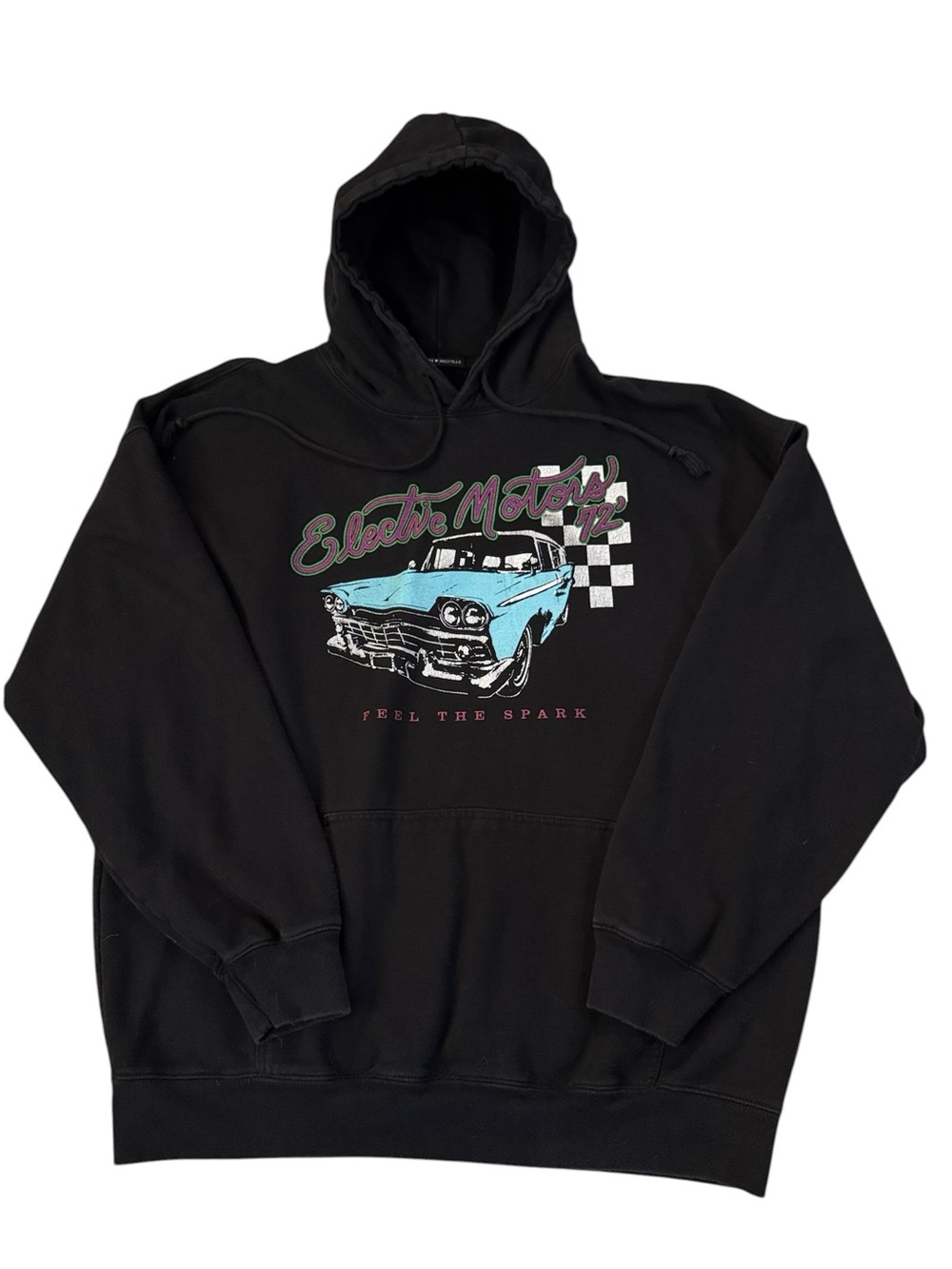 Brandy Melville Electric Motors 72 Oversized Car Graphic Hoodie Black Blue OS